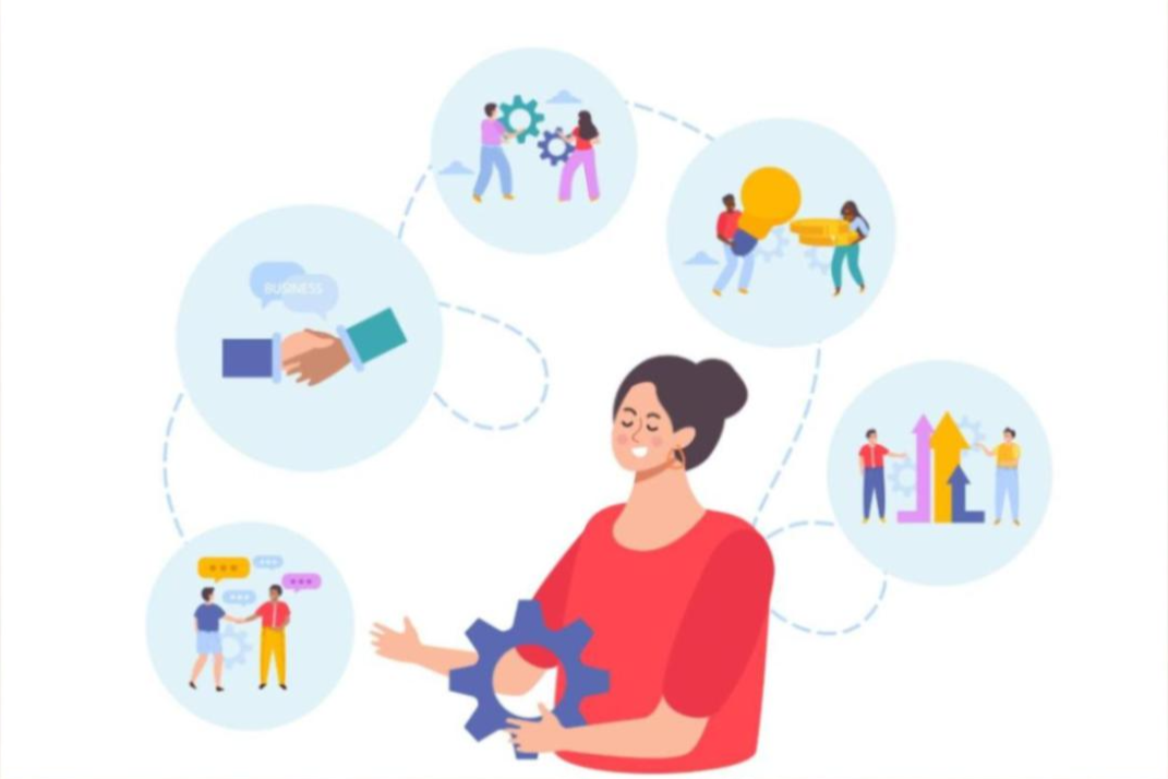 Das Bild zeigt eine Person, die ein großes blaues Zahnrad hält. Um sie herum sind fünf kreisförmige Illustrationen, die durch gepunktete Linien miteinander verbunden sind. Die Illustrationen zeigen: 1) Zwei Hände, die sich zum Geschäftsabschluss reichen 2) Zwei Personen, die gemeinsam Zahnräder bewegen. 3) Zwei Personen, die eine große Glühbirne austauschen. 4) Drei Personen im Gespräch, umgeben von Sprechblasen und Zahnrädern. 5) Zwei Personen neben aufwärts gerichteten Pfeilen und Zahnrädern. Das Bild symbolisiert Zusammenarbeit, Innovation, Kommunikation und Wachstum im geschäftlichen Kontext