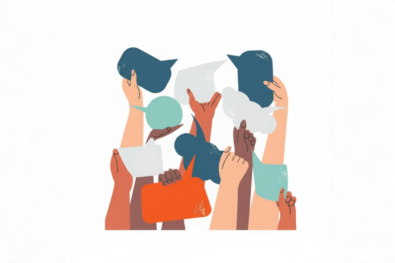 Illustration mehrerer Hände, die farbige Sprechblasen in Blau, Gelb, Grün und Weiß hochhalten. Die Hände kommen aus verschiedenen Richtungen und sind unterschiedlich gefärbt, was Vielfalt und Austausch symbolisiert. Das Bild steht für Kommunikation zwischen verschiedenen Personen oder Gruppen.