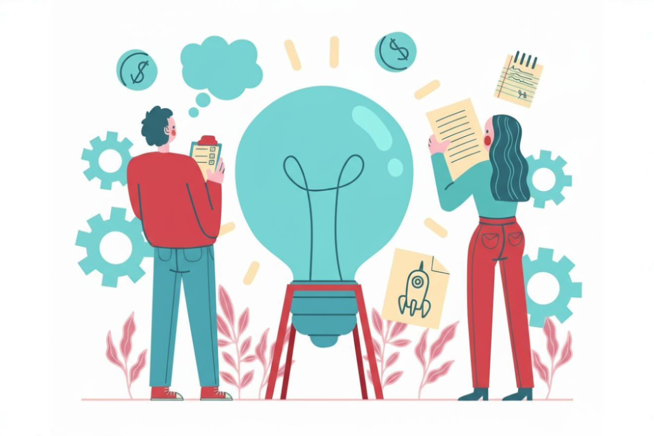 Illustration von zwei Personen, die links und rechts neben einer großen Glühbirne auf einem Sockel stehen. Die linke Person hält ein Klemmbrett und hat eine Denkblase über dem Kopf, die rechte Person hält ein Blatt Papier mit Text. Um sie herum befinden sich Symbole wie Zahnräder, Dollarzeichen, Dokumente mit Illustrationen (z. B. eine Rakete) sowie Pflanzen am unteren Bildrand. Das Bild vermittelt den Eindruck von Ideensammlung, Innovation und Geschäftsplanung.