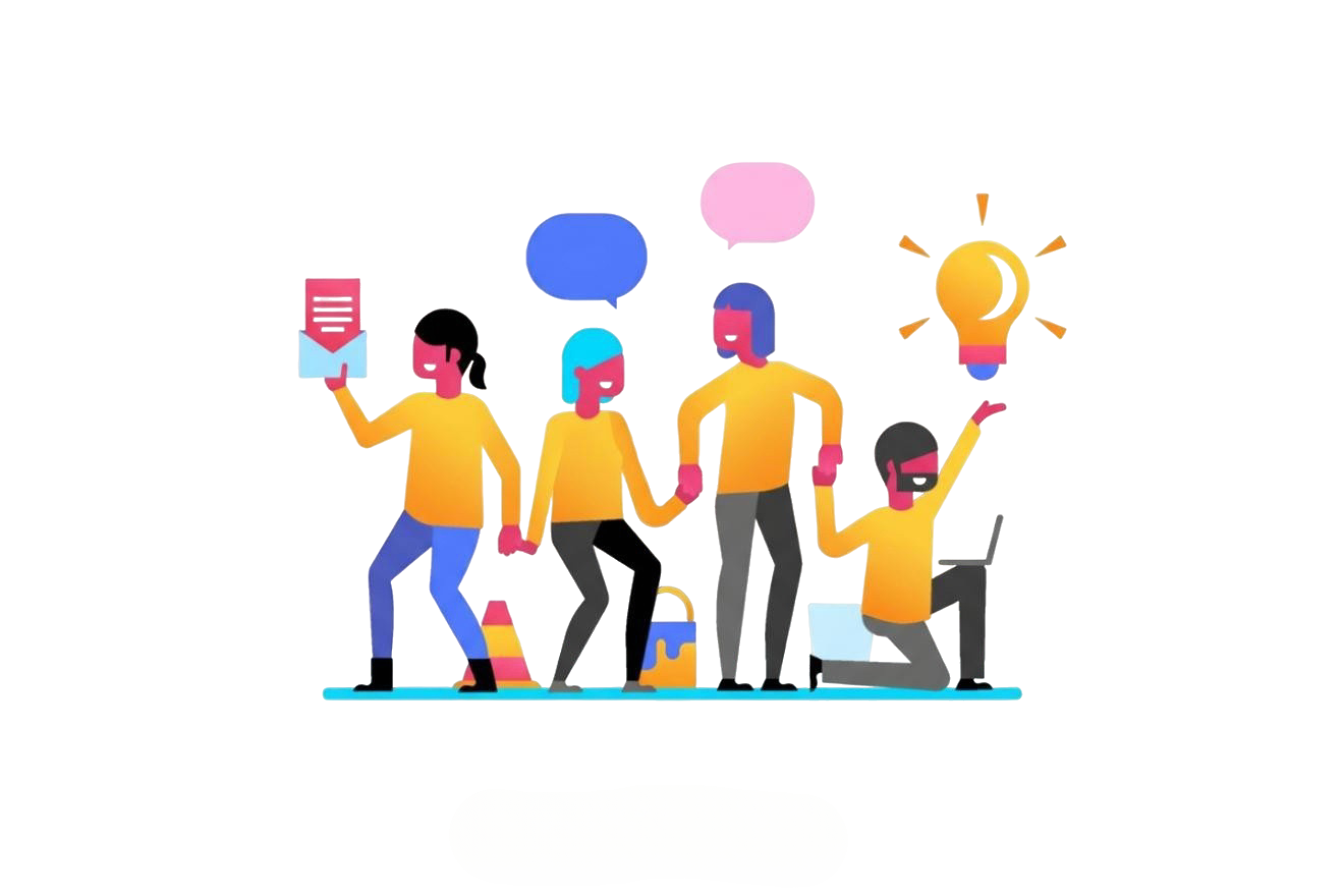 Illustration von vier stilisierten, farbenfrohen Figuren, die verschiedene Aktivitäten ausführen: Eine Figur hält ein Dokument mit rotem Text und hebt den Arm, zwei Figuren mit blauen und violetten Haaren halten sich an den Händen, und eine weitere kniet mit erhobenem Arm und hält eine Glühbirne als Symbol für eine Idee. Über den mittleren Figuren befinden sich blaue und pinke Sprechblasen. Im Hintergrund sind Bücher und ein Rucksack zu sehen. Das Bild steht für Teamarbeit, Kommunikation, Kreativität und Zusammenarbeit.