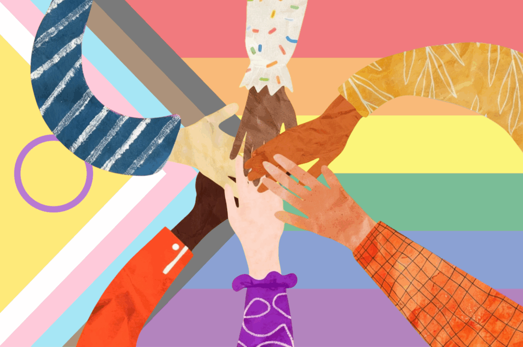 Sechs unterschiedlich gefärbte und gekleidete Hände treffen sich in der Mitte eines regenbogenfarbenen Hintergrunds. Das Bild symbolisiert Vielfalt, Inklusion und Zusammenhalt. Die Regenbogenfarben stehen für die LGBTQ+ Gemeinschaft und ergänzende Farben und Symbole verweisen auf Intersektionalität und die Unterstützung verschiedener Identitäten.