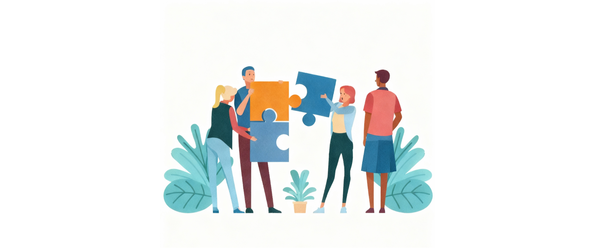 Vier stilisierte Personen arbeiten gemeinsam daran, zwei große Puzzleteile – eines orangefarben, das andere blau – zusammenzufügen. Zwei Personen halten das orangefarbene Teil, zwei das blaue. Im Hintergrund stehen zwei große grüne Pflanzen und eine kleinere Pflanze in einem Topf. Das Bild symbolisiert Teamarbeit und Zusammenarbeit.