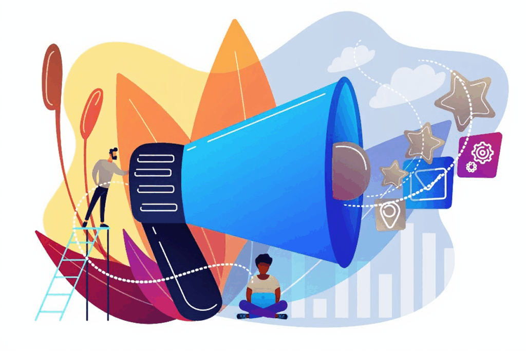 Illustration mit einem großen blauen Megafon im Zentrum. Links steht eine Person auf einer Leiter und arbeitet am Megafon, unten sitzt eine weitere Person mit einem Laptop. Im Hintergrund sind stilisierte Blätter in warmen Farben sowie Wolken und Balkendiagramme zu sehen. Rechts vom Megafon befinden sich Symbole wie Sterne, ein Häkchen und ein Zahnrad, verbunden durch gepunktete Linien.