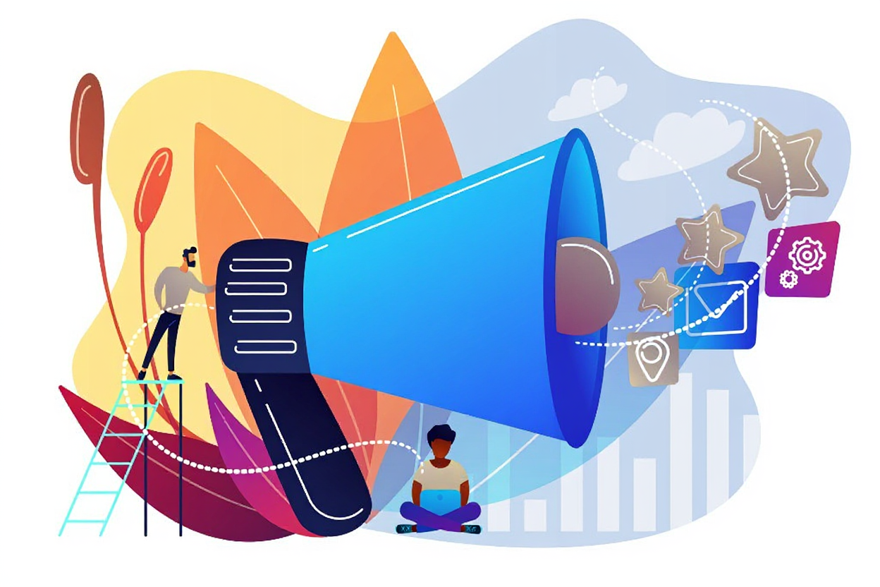 Illustration mit einem großen blauen Megafon im Zentrum. Links steht eine Person auf einer Leiter und arbeitet am Megafon, unten sitzt eine weitere Person mit einem Laptop. Im Hintergrund sind stilisierte Blätter in warmen Farben sowie Wolken und Balkendiagramme zu sehen. Rechts vom Megafon befinden sich Symbole wie Sterne, ein Häkchen und ein Zahnrad, verbunden durch gepunktete Linien.