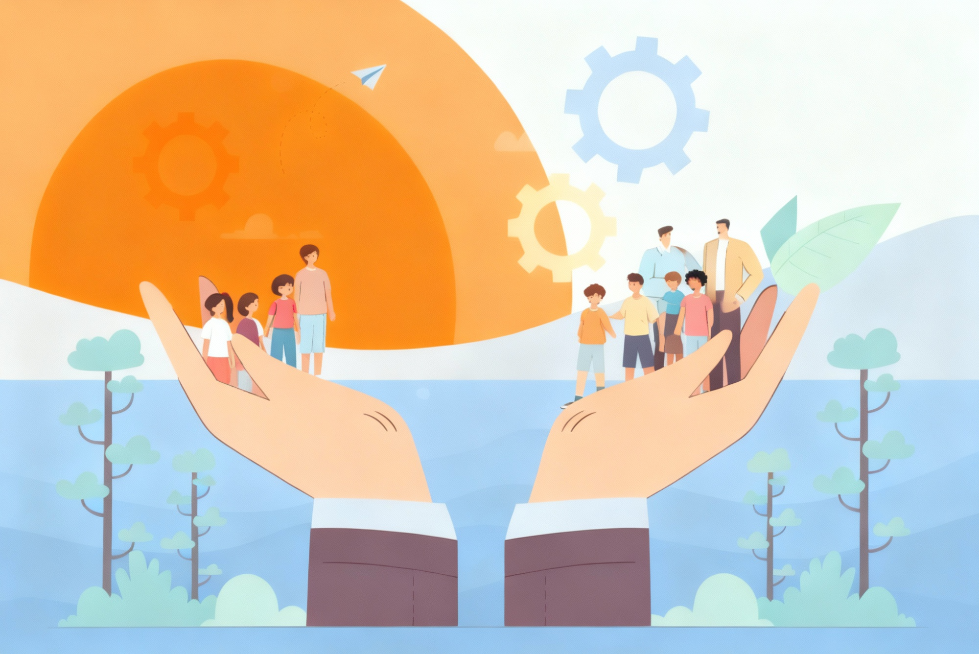Illustration von zwei großen Händen, die aus einer blauen Landschaft mit Bäumen hervorragen und jeweils Gruppen von Menschen tragen – links vier, rechts sechs Personen. Im Hintergrund ist eine orangefarbene Sonne mit Zahnradsymbolen sowie ein Papierflieger, der in Richtung Sonne fliegt. Das Bild vermittelt die Themen Unterstützung, Gemeinschaft und Nachhaltigkeit.