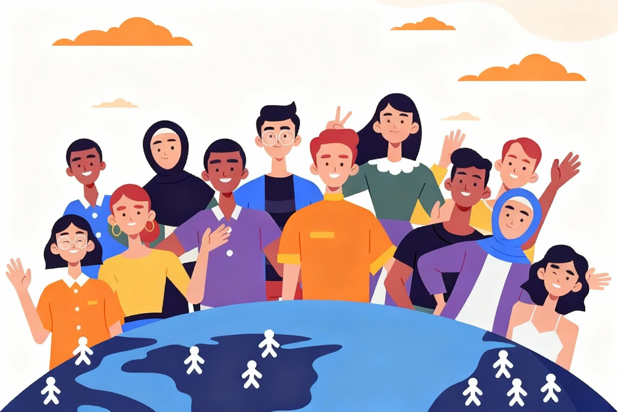 einer Gruppe junger Menschen die vor einem Planeten stehen