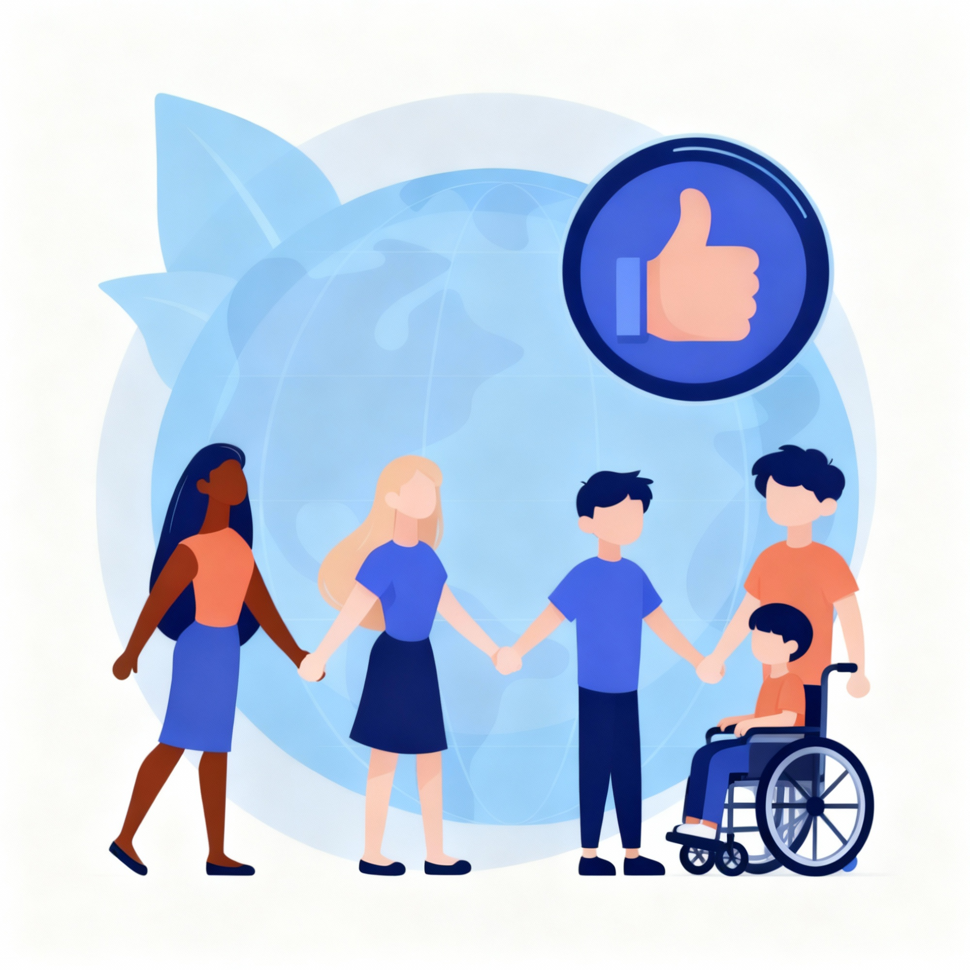 Illustration einer vielfältigen Gruppe von fünf Personen, die sich vor einem großen, halbtransparenten Globus an den Händen halten. Die Gruppe umfasst Menschen mit unterschiedlichen Hauttönen und körperlichen Fähigkeiten, darunter eine Person im Rollstuhl. Über ihnen befindet sich ein rundes Symbol mit einem Daumen-hoch-Zeichen, das Zustimmung oder Positivität ausdrückt. Der Hintergrund zeigt weiche Blautöne und abstrakte Formen. Das Bild vermittelt die Themen Inklusion, Zusammenhalt und globale Zusammenarbeit.