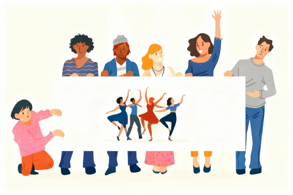 Eine Gruppe von sieben Personen steht und kniet um ein großes weißes Banner. Auf dem Banner sind vier stilisierte Figuren in Tanzposen dargestellt. Die Personen um das Banner tragen farbenfrohe Kleidung und zeigen unterschiedliche Gesten, wie Armheben oder Halten des Banners.