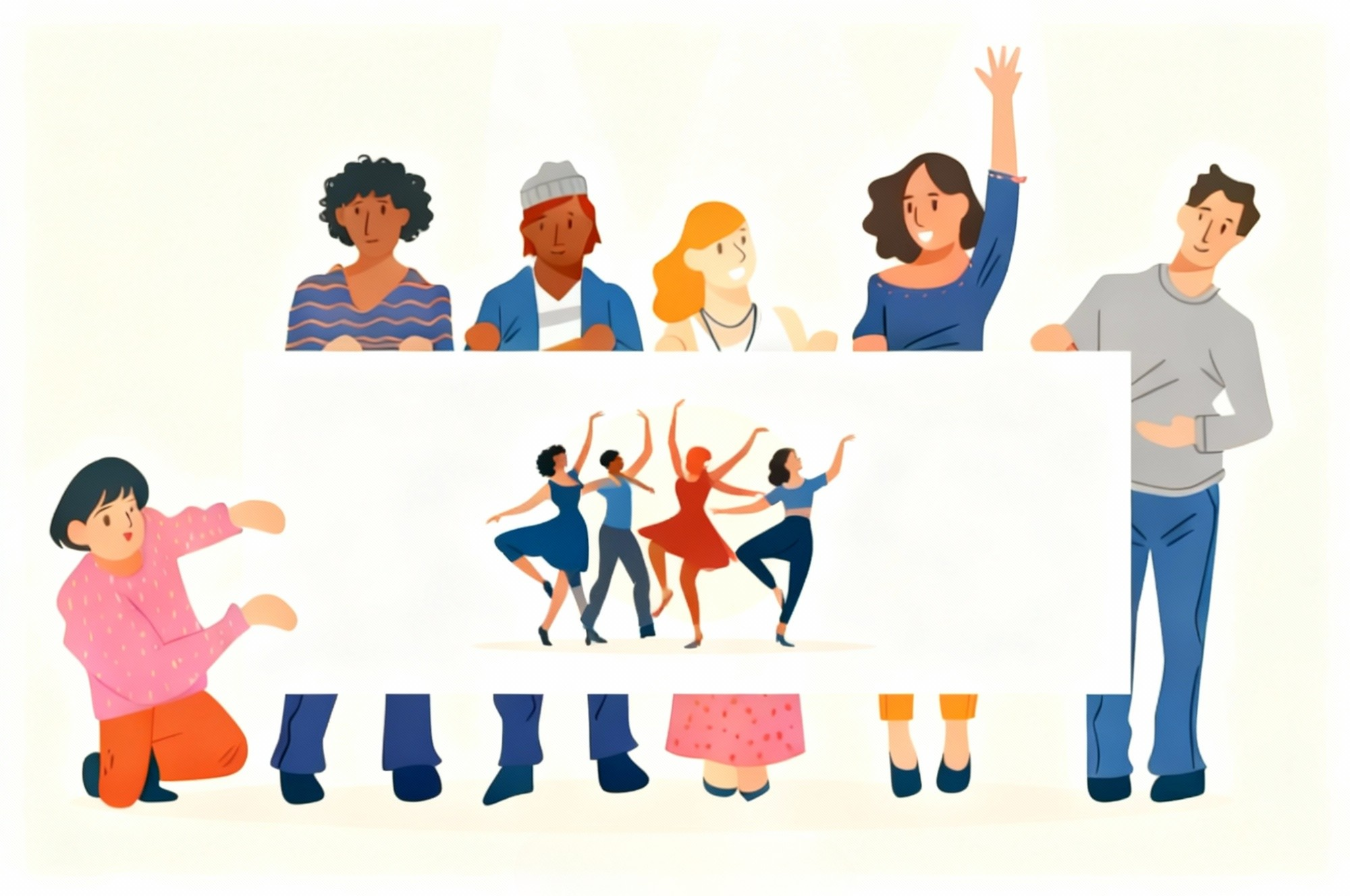 Eine Gruppe von sieben Personen steht und kniet um ein großes weißes Banner. Auf dem Banner sind vier stilisierte Figuren in Tanzposen dargestellt. Die Personen um das Banner tragen farbenfrohe Kleidung und zeigen unterschiedliche Gesten, wie Armheben oder Halten des Banners.