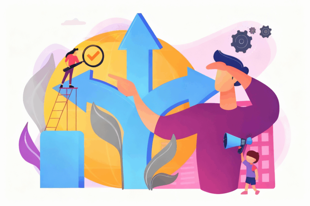 Das Bild zeigt eine stilisierte Illustration zum Thema Entscheidungsfindung oder Zielorientierung. Im Vordergrund steht eine große Person, die nach rechts blickt und mit der rechten Hand auf mehrere blaue Pfeile zeigt, die in unterschiedliche Richtungen weisen. Der mittlere Pfeil zeigt nach oben. Links im Bild steht eine kleinere Person auf einer Leiter und hält eine Lupe über ein gelbes Häkchen in einem Kreis. Im Hintergrund ist eine große gelbe Kreisform zu sehen. Rechts oben befinden sich zwei Zahnräder, die auf Prozesse oder Mechanismen hinweisen. Die Farben sind überwiegend Blau, Gelb, Rosa und Lila. Das Bild vermittelt den Eindruck von Orientierung, Analyse und Entscheidungsfindung.