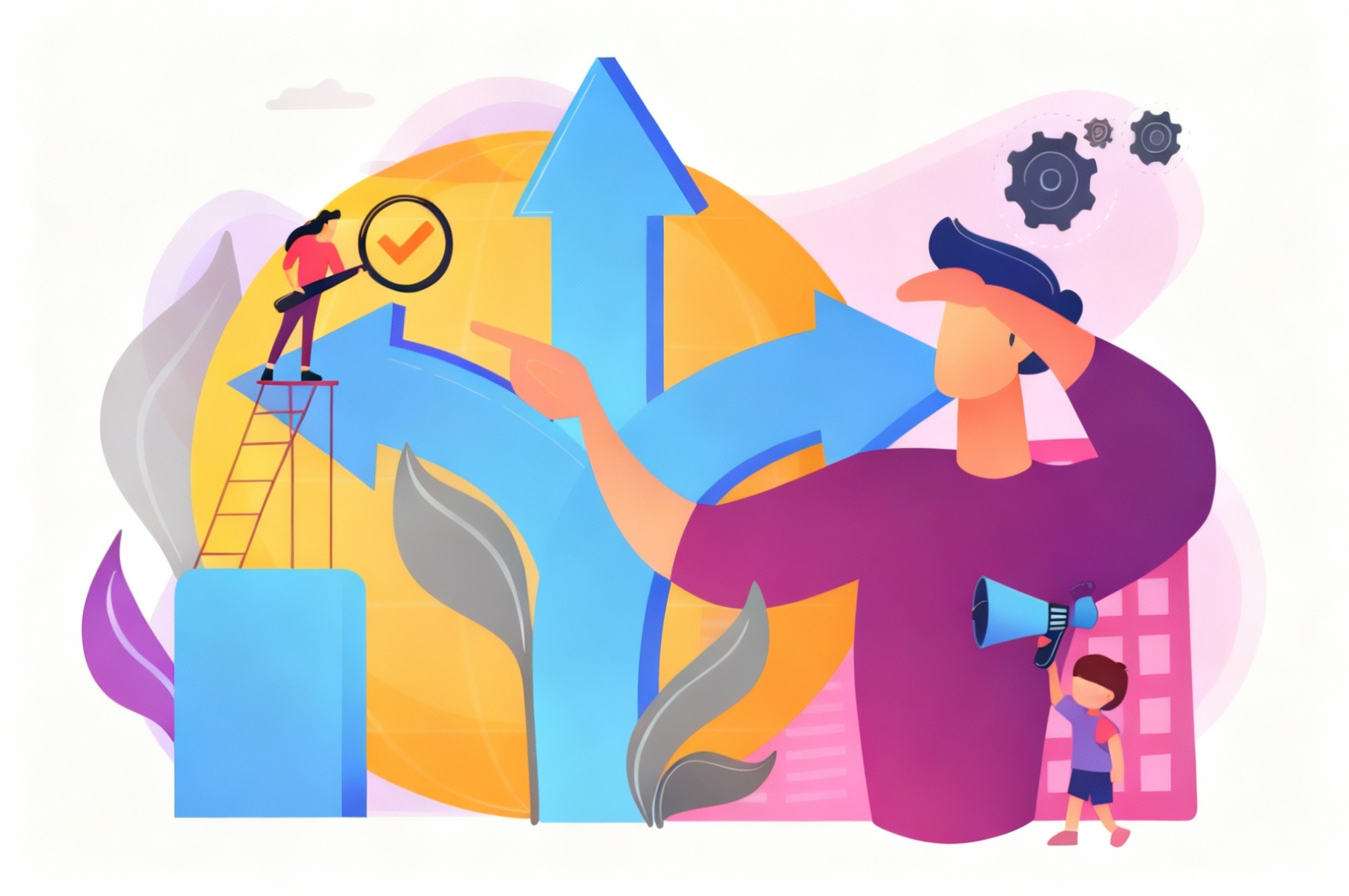 Das Bild zeigt eine stilisierte Illustration zum Thema Entscheidungsfindung oder Zielorientierung. Im Vordergrund steht eine große Person, die nach rechts blickt und mit der rechten Hand auf mehrere blaue Pfeile zeigt, die in unterschiedliche Richtungen weisen. Der mittlere Pfeil zeigt nach oben. Links im Bild steht eine kleinere Person auf einer Leiter und hält eine Lupe über ein gelbes Häkchen in einem Kreis. Im Hintergrund ist eine große gelbe Kreisform zu sehen. Rechts oben befinden sich zwei Zahnräder, die auf Prozesse oder Mechanismen hinweisen. Die Farben sind überwiegend Blau, Gelb, Rosa und Lila. Das Bild vermittelt den Eindruck von Orientierung, Analyse und Entscheidungsfindung.