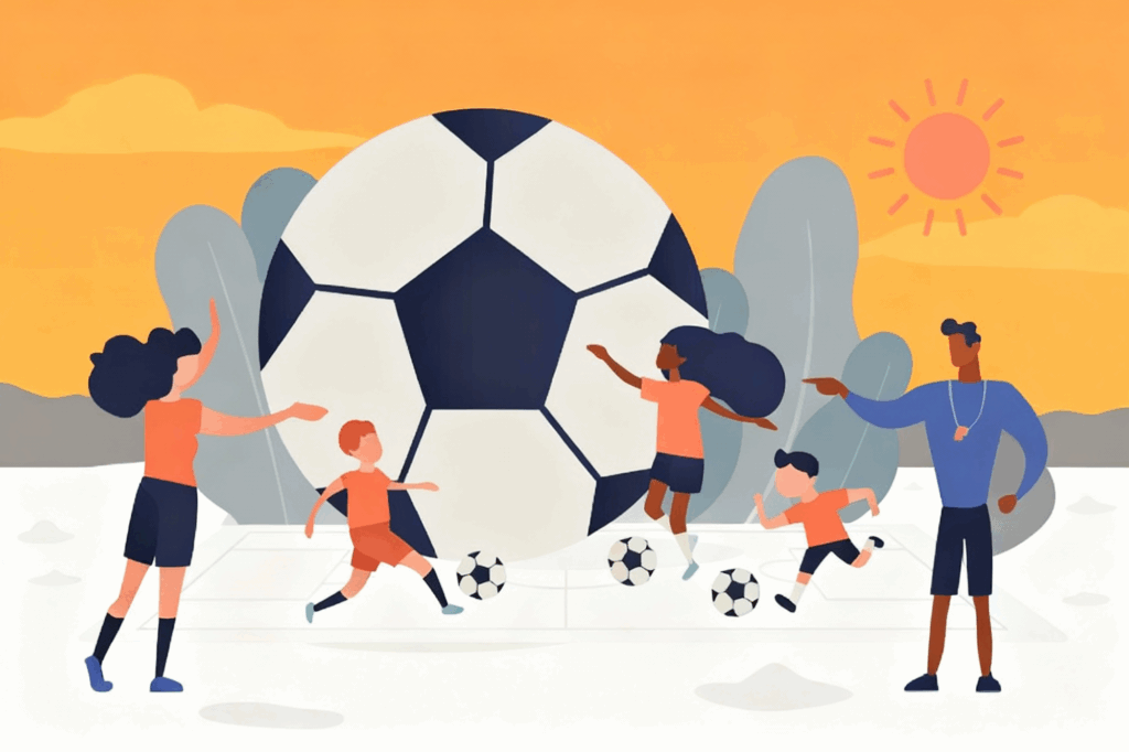 Illustration einer Fußballszene: Vier Personen und ein Trainer stehen vor einem übergroßen Fußball. Zwei Kinder spielen mit kleineren Fußbällen, während eine erwachsene Person und der Trainer zuschauen. Im Hintergrund sind stilisierte Pflanzen und ein orangefarbener Himmel mit Sonne zu sehen. Das Bild symbolisiert Gemeinschaft und Teamgeist.