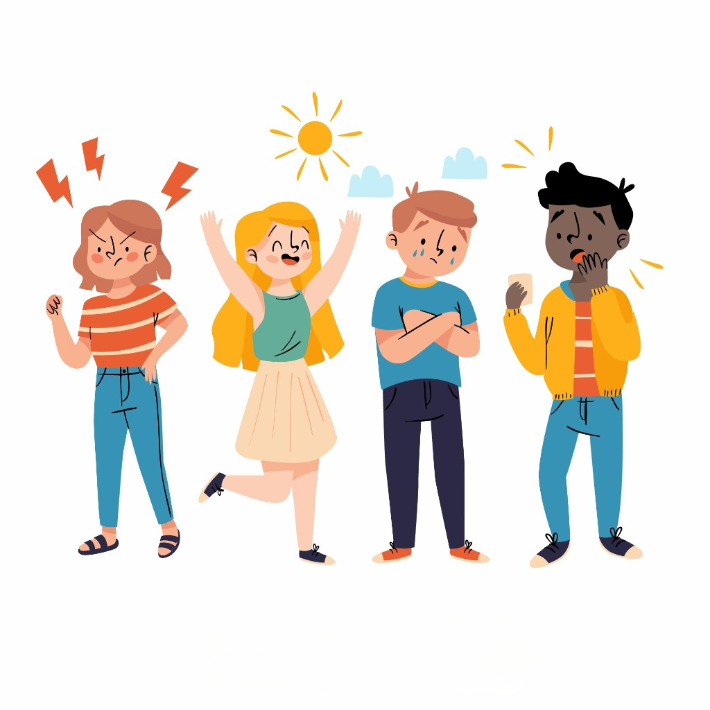 Eine Illustration zeigt vier stilisierte Kinder, die unterschiedliche Emotionen ausdrücken: Links steht ein Kind mit verschränkten Armen und einem wütenden Gesichtsausdruck. Über seinem Kopf sind rote Blitze als Symbol für Ärger dargestellt. Daneben steht ein fröhliches Kind mit erhobenen Armen und einem breiten Lächeln. Über ihm scheint die Sonne. Rechts davon steht ein Kind mit verschränkten Armen, das nachdenklich oder verlegen wirkt. Ganz rechts steht ein weiteres Kind mit einer Hand vor dem Mund, das überrascht oder erschrocken aussieht. Neben seinem Kopf sind kleine Striche als Ausdruck von Überraschung gezeichnet. Der Hintergrund ist schlicht weiß, sodass die Figuren klar im Vordergrund stehen.