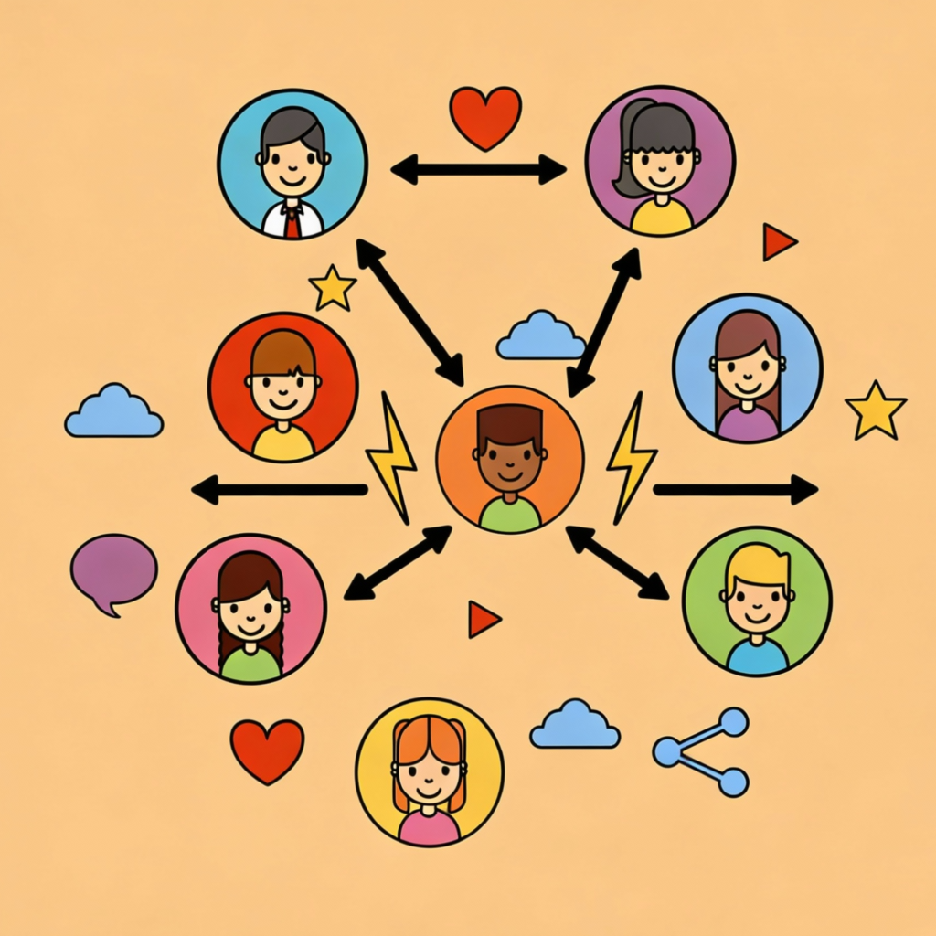 Eine Illustration zeigt eine zentrale kindliche Figur in einem orangefarbenen Kreis. Von dieser Figur gehen mehrere schwarze Pfeile nach außen zu acht weiteren kindlichen Figuren, die jeweils in farbigen Kreisen angeordnet sind. Die Pfeile weisen in verschiedene Richtungen und symbolisieren Beziehungen oder Interaktionen. Rund um die Personen sind verschiedene Symbole verteilt, darunter Herzen, Sterne, Sprechblasen, Wolken, Blitze und ein Teilen-Symbol. Diese Elemente wirken dekorativ und können Emotionen oder Kommunikationsaspekte darstellen. Der Hintergrund ist einfarbig beige.
