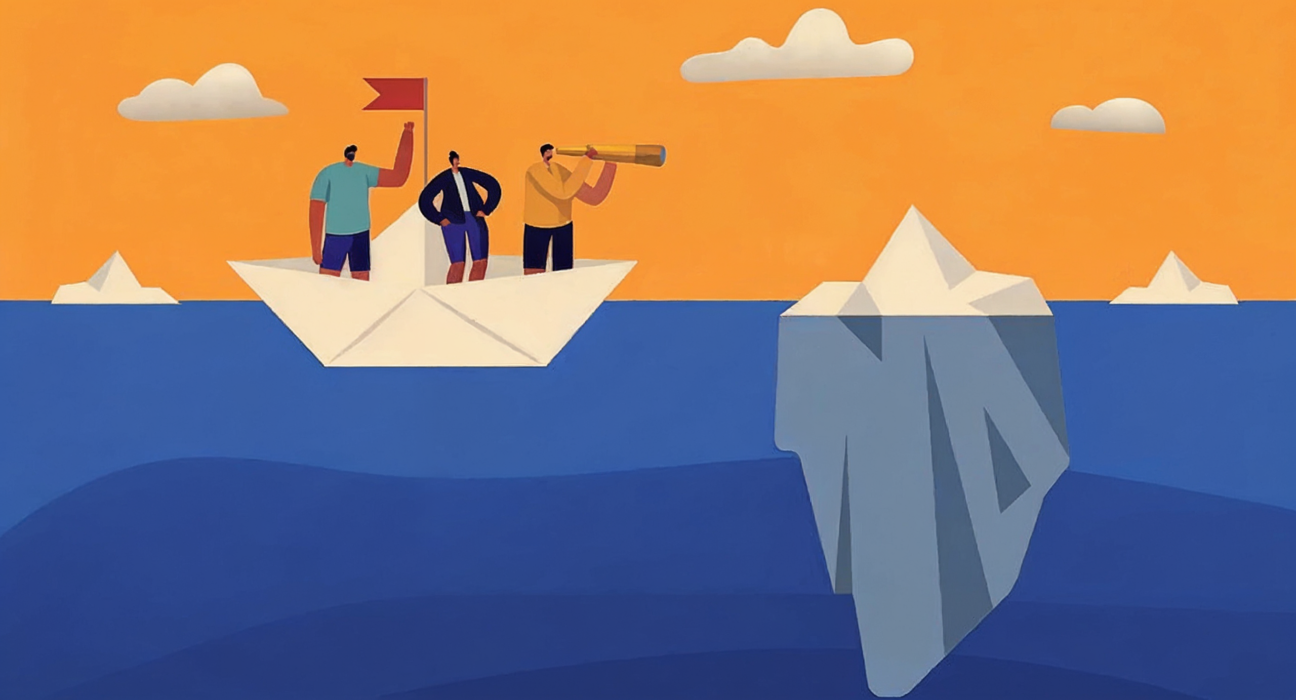 Illustration mit drei Personen auf einem großen Papierboot im Meer. Eine Person hält eine rote Fahne, eine andere schaut durch ein Fernrohr in Richtung eines großen Eisbergs. Der Eisberg ragt teilweise aus dem Wasser, der größere Teil ist unter der Wasseroberfläche sichtbar. Im Hintergrund sind kleinere Eisberge und einige Wolken am Himmel. Der Himmel ist orange, das Meer blau.