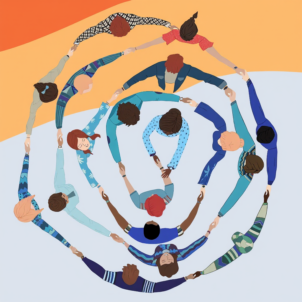 llustration von einer Gruppe von Menschen, die von oben in mehreren konzentrischen Kreisen stehen und sich an den Händen halten. Die Personen tragen farbenfrohe Kleidung, und die Szene vermittelt Gemeinschaft, Zusammenhalt und Verbundenheit vor einem Hintergrund in Orange- und Blautönen.