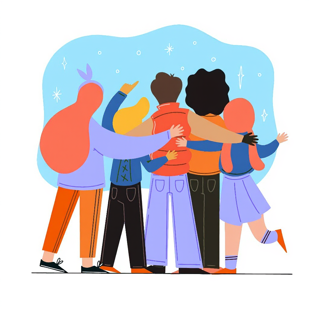 Illustration von fünf Personen, die eng beieinanderstehen und sich gegenseitig umarmen. Die Gruppe ist von hinten zu sehen, vor einem hellblauen Hintergrund. Die Personen tragen unterschiedlich farbige Kleidung in Blau-, Orange- und Gelbtönen. Die Szene vermittelt Zusammenhalt und Gemeinschaft.