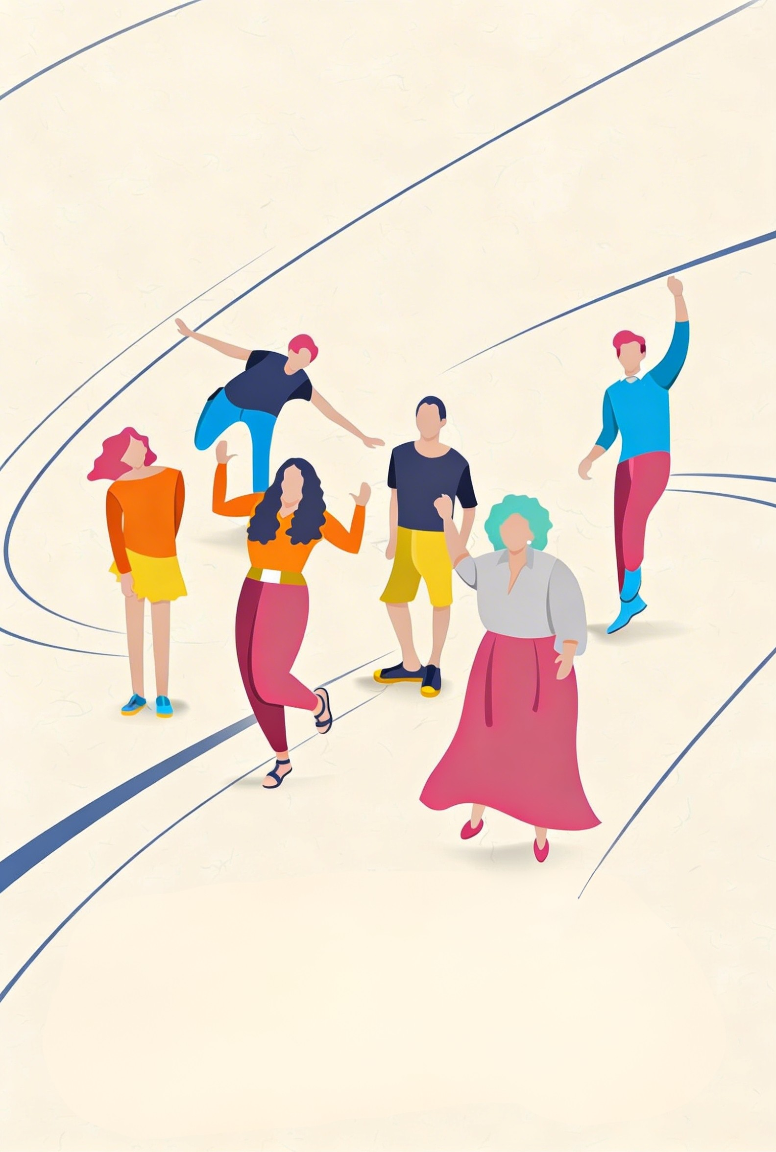 Illustration von sechs stilisierten Personen in farbenfroher Kleidung, die fröhliche und dynamische Körperhaltungen einnehmen. Sie stehen und bewegen sich auf einem hellen Hintergrund mit geschwungenen, blauen Linien, die Dynamik und Leichtigkeit symbolisieren.