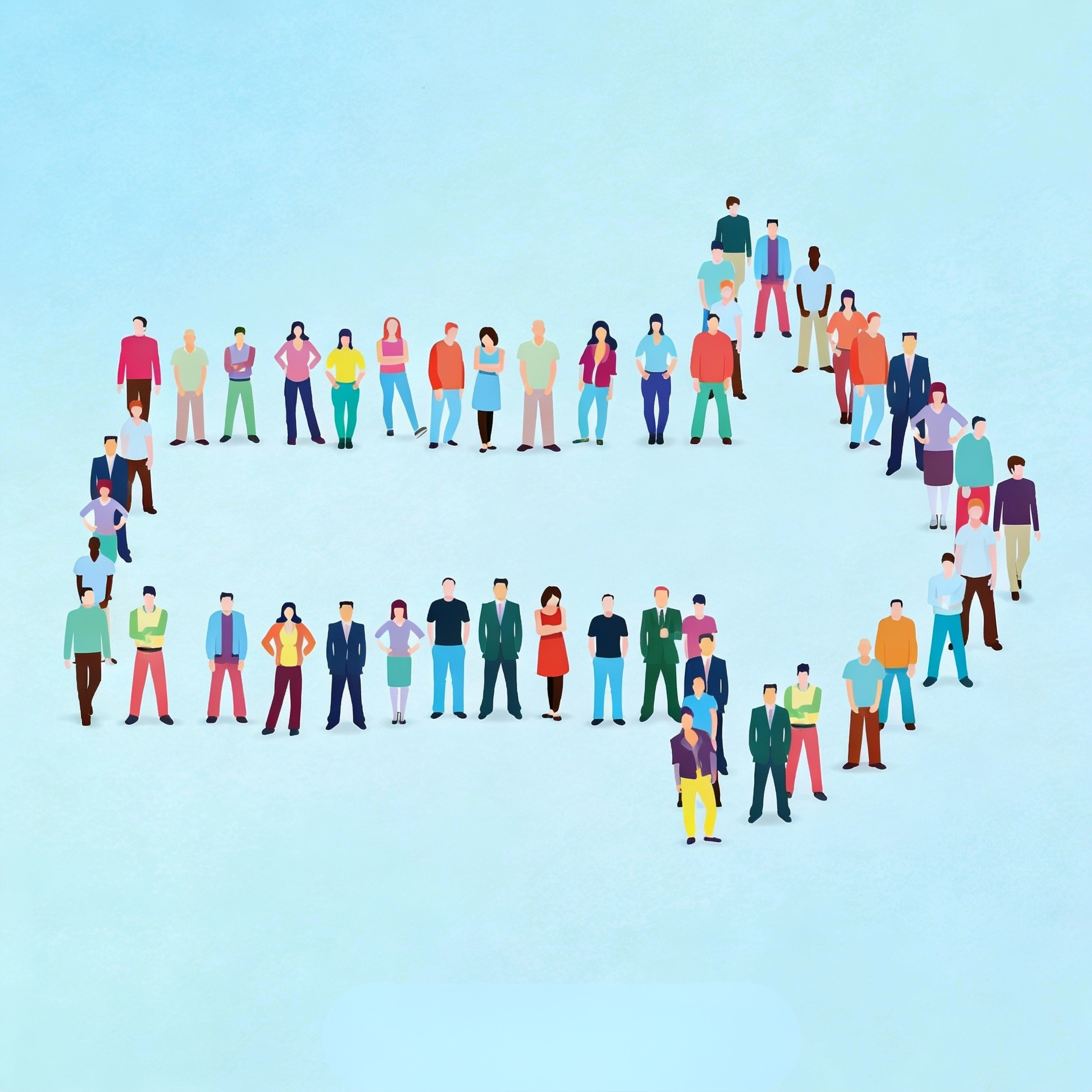Illustration einer großen Gruppe von Menschen, die in bunten Farben dargestellt sind und gemeinsam die Form eines nach rechts gerichteten Pfeils bilden.