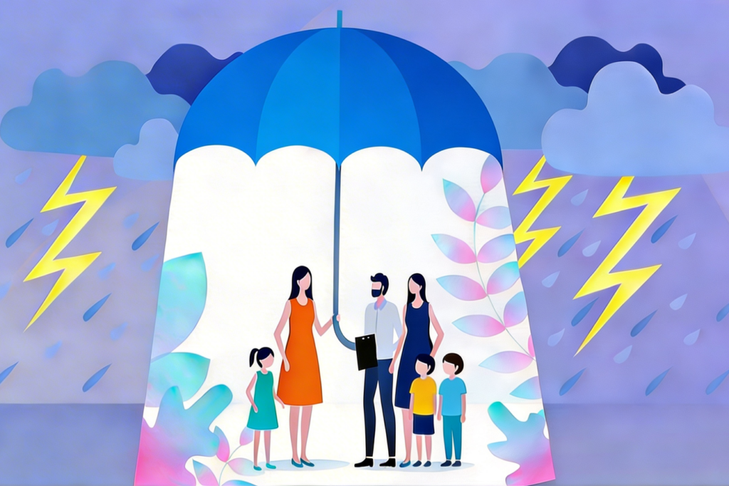 Illustration einer Gruppe von Menschen, die unter einem großen blauen Regenschirm steht. Der Schirm schützt sie vor einem Unwetter mit dunklen Wolken, Regen und gelben Blitzen. Unter dem Schirm befinden sich mehrere Erwachsene und Kinder in hell beleuchteter, ruhiger Umgebung, die Sicherheit und Zusammenhalt symbolisiert.
