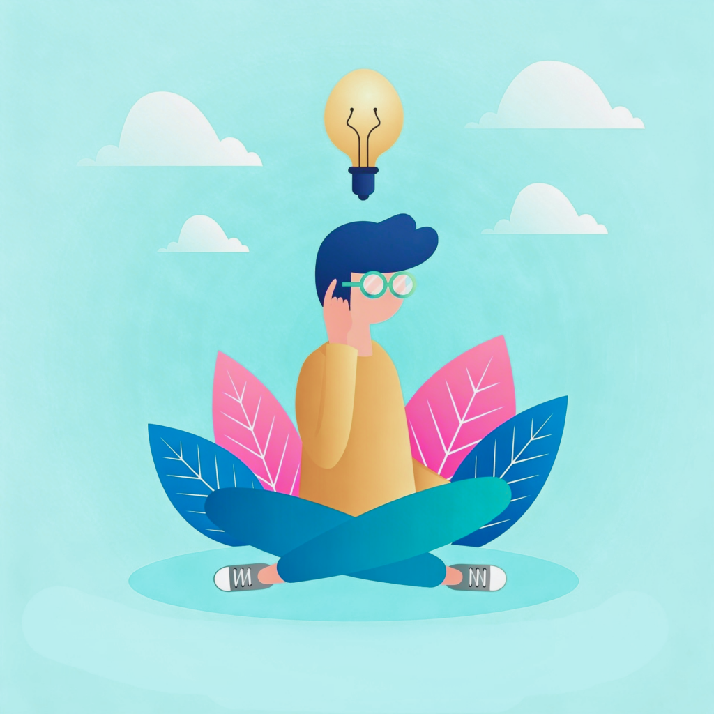 Illustration einer sitzenden Person im Schneidersitz, die nachdenklich den Kopf berührt. Hinter ihr sind große bunte Blätter zu sehen. Über dem Kopf schwebt eine leuchtende Glühbirne als Symbol für eine Idee. Der Hintergrund ist hellblau mit einigen Wolken.