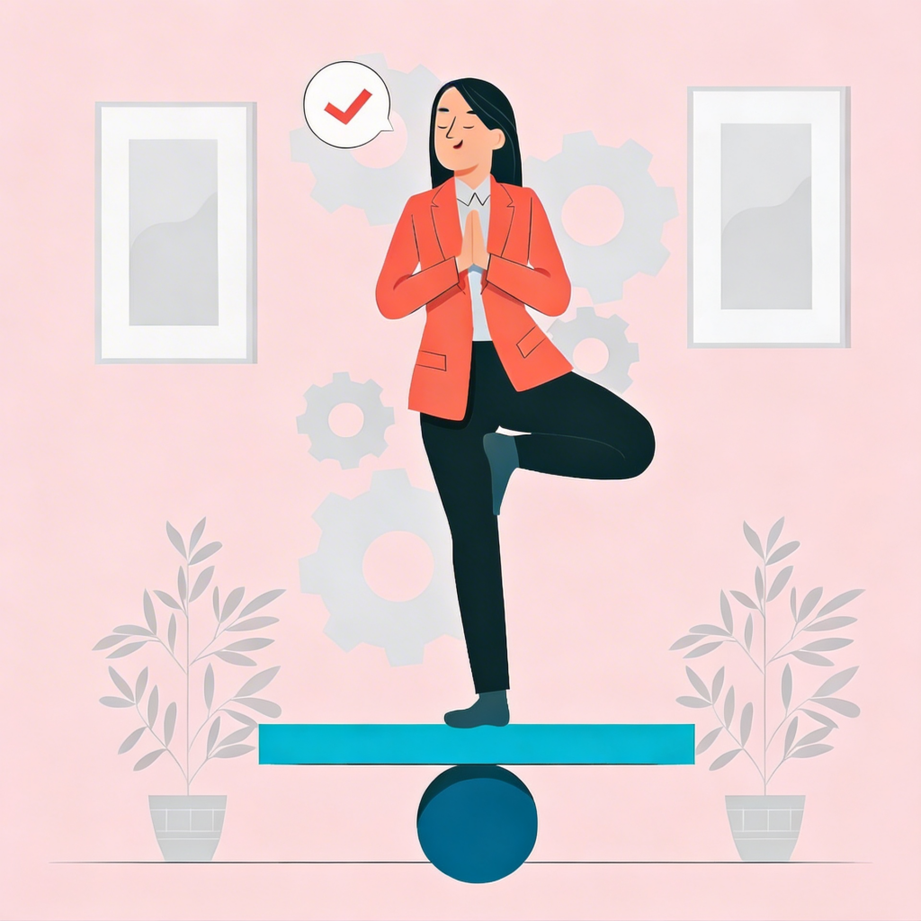 Illustration einer Person, die auf einem schmalen Balken steht, der auf einer runden Rolle balanciert. Sie befindet sich in einer Yoga-Baumhaltung mit gefalteten Händen vor der Brust. Im Hintergrund sind Zahnräder, zwei gerahmte Bilder und Zimmerpflanzen zu sehen. Über der Person erscheint ein Sprechblasen-Symbol mit einem roten Häkchen.