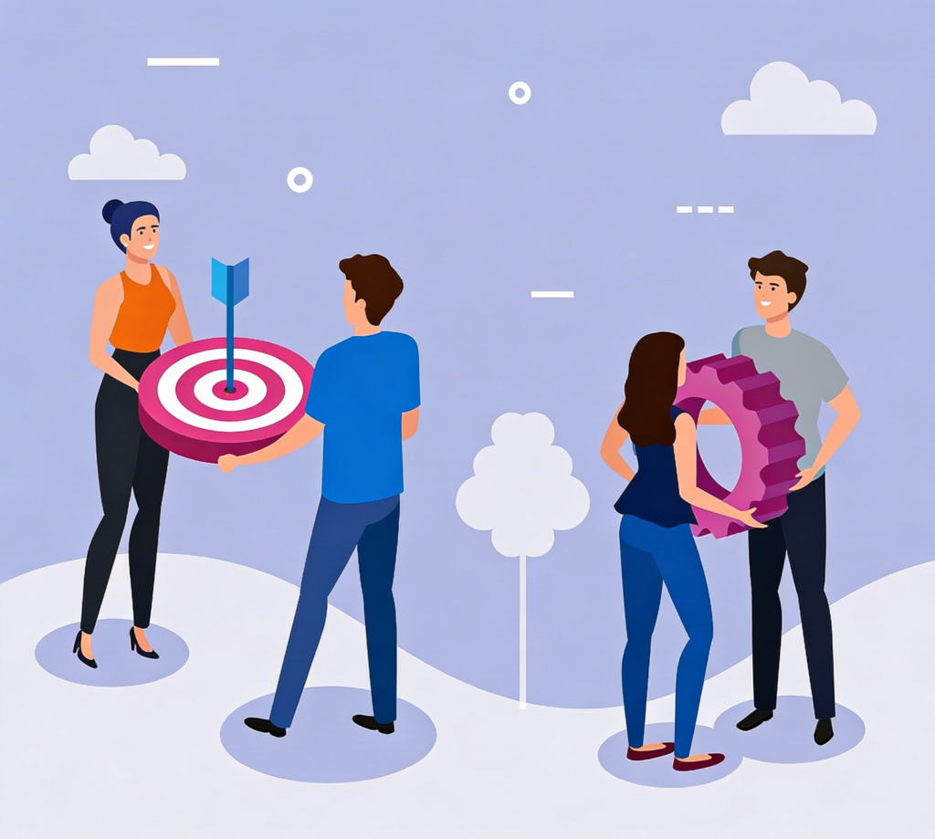 Illustration von vier Personen in einer Landschaft mit Hügeln und Wolken. Zwei Personen links halten gemeinsam eine große Zielscheibe mit einem Pfeil in der Mitte. Zwei Personen rechts arbeiten zusammen an einem großen, pinken Zahnrad. Die Szene vermittelt Kooperation und gemeinsames Arbeiten an Zielen.