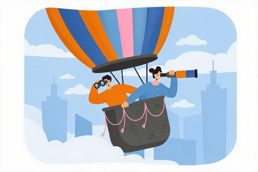 Illustration eines Heißluftballons mit zwei Personen, die gemeinsam den Überblick behalten. Eine Person nutzt ein Fernglas, die andere ein Fernrohr. Das Bild steht sinnbildlich für Co-Leitung, gemeinsame Verantwortung und unterschiedliche Perspektiven in der Gruppenarbeit.