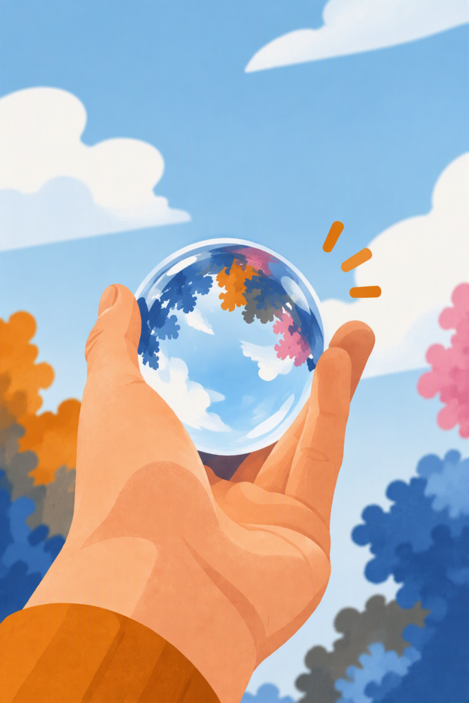 Illustration einer Hand mit einer transparenten Kugel, in der sich die Umgebung spiegelt. Die veränderte Perspektive macht sichtbar, dass Wirklichkeit auf unterschiedliche Weise betrachtet werden kann. Das Bild steht für Reflexion, den Blick auf das eigene Handeln und das bewusste Nachdenken über Erfahrungen, Haltungen und Lernprozesse.